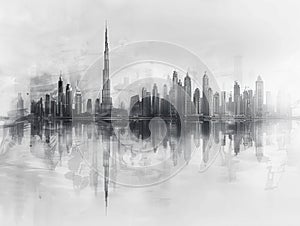 Black and white painting of Dubai skyline with in the center photo